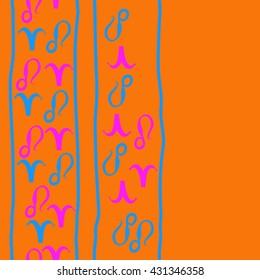 Vertical seamless  pattern of zodiac signs, doodles,  object,aries,lion,stripes,  copy space. Hand drawn.