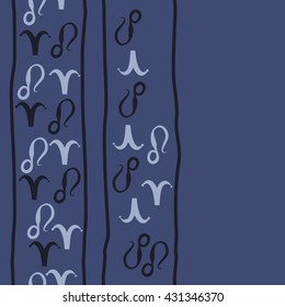 Vertical seamless  pattern of zodiac signs, doodles,  object,aries,lion,stripes,  copy space. Hand drawn.