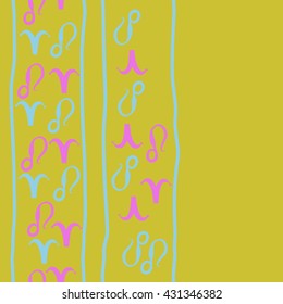 Vertical seamless  pattern of zodiac signs, doodles,  object,aries,lion,stripes,  copy space. Hand drawn.
