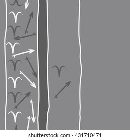 Vertical seamless  pattern of zodiac signs, doodles,  object,aries,sagittarius, stripes, spot, copy space. Hand drawn.