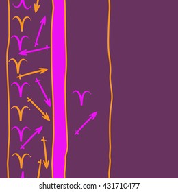 Vertical seamless  pattern of zodiac signs, doodles,  object,aries,sagittarius, stripes, spot, copy space. Hand drawn.