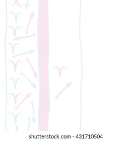 Vertical seamless  pattern of zodiac signs, doodles,  object,aries,sagittarius, stripes, spot, copy space. Hand drawn.