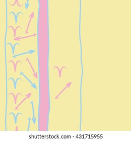 Vertical seamless  pattern of zodiac signs, doodles,  object,aries,sagittarius, stripes, spot, copy space. Hand drawn.