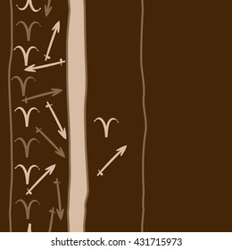 Vertical seamless  pattern of zodiac signs, doodles,  object,aries,sagittarius, stripes, spot, copy space. Hand drawn.