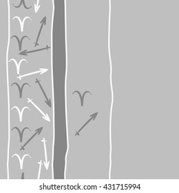 Vertical seamless  pattern of zodiac signs, doodles,  object,aries,sagittarius, stripes, spot, copy space. Hand drawn.