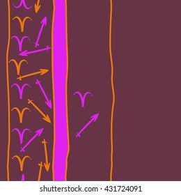 Vertical seamless  pattern of zodiac signs, doodles,  object,aries,sagittarius, stripes, spot, copy space. Hand drawn.
