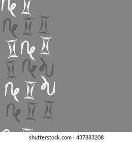 Vertical seamless pattern of zodiac signs, doodles,  object,gemini,capricorn,copy space. Hand drawn.