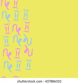 Vertical seamless pattern of zodiac signs, doodles,  object,gemini,capricorn,copy space. Hand drawn.
