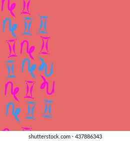 Vertical seamless pattern of zodiac signs, doodles,  object,gemini,capricorn,copy space. Hand drawn.