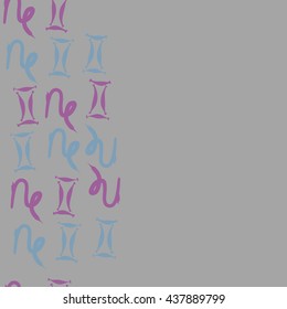 Vertical seamless pattern of zodiac signs, doodles,  object,gemini,capricorn,copy space. Hand drawn.