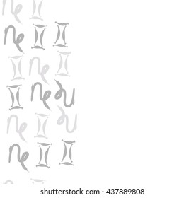 Vertical seamless pattern of zodiac signs, doodles,  object,gemini,capricorn,copy space. Hand drawn.
