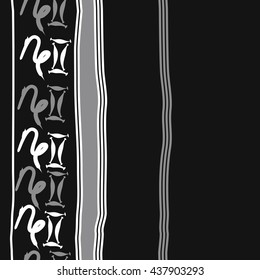 Vertical seamless pattern of zodiac signs, doodles,  object,gemini,capricorn, stripes, spot, copy space. Hand drawn.