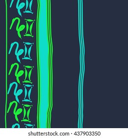 Vertical seamless pattern of zodiac signs, doodles,  object,gemini,capricorn, stripes, spot, copy space. Hand drawn.