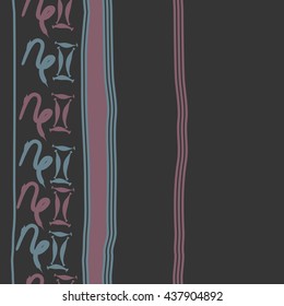 Vertical seamless pattern of zodiac signs, doodles,  object,gemini,capricorn, stripes, spot, copy space. Hand drawn.