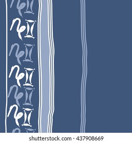 Vertical seamless pattern of zodiac signs, doodles,  object,gemini,capricorn, stripes, spot, copy space. Hand drawn.