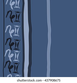 Vertical seamless pattern of zodiac signs, doodles,  object,gemini,capricorn, stripes, spot, copy space. Hand drawn.