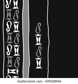 Vertical seamless pattern of zodiac signs, doodles,  object, gemini,lion, stripes, spot, copy space. Hand drawn.