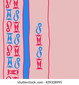 Vertical seamless pattern of zodiac signs, doodles,  object, gemini,lion, stripes, spot, copy space. Hand drawn.
