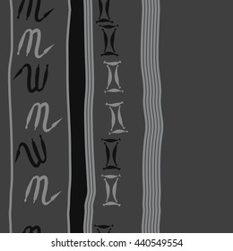 Vertical seamless pattern of zodiac signs, doodles,  object, gemini,scorpio, stripes, spot, copy space. Hand drawn.