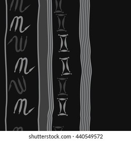 Vertical seamless pattern of zodiac signs, doodles,  object, gemini,scorpio, stripes, spot, copy space. Hand drawn.
