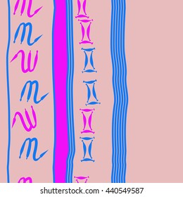 Vertical seamless pattern of zodiac signs, doodles,  object, gemini,scorpio, stripes, spot, copy space. Hand drawn.