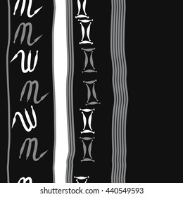 Vertical seamless pattern of zodiac signs, doodles,  object, gemini,scorpio, stripes, spot, copy space. Hand drawn.