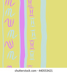 Vertical seamless pattern of zodiac signs, doodles,  object, gemini,scorpio, stripes, spot, copy space. Hand drawn.