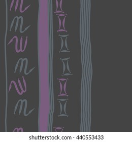 Vertical seamless pattern of zodiac signs, doodles,  object, gemini,scorpio, stripes, spot, copy space. Hand drawn.