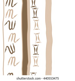 Vertical seamless pattern of zodiac signs, doodles,  object, gemini,scorpio, stripes, spot, copy space. Hand drawn.