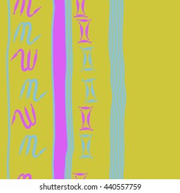 Vertical seamless pattern of zodiac signs, doodles,  object, gemini,scorpio, stripes, spot, copy space. Hand drawn.