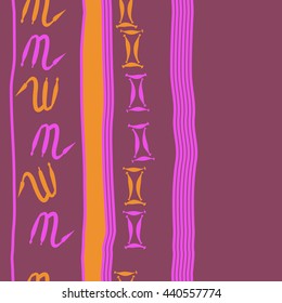 Vertical seamless pattern of zodiac signs, doodles,  object, gemini,scorpio, stripes, spot, copy space. Hand drawn.
