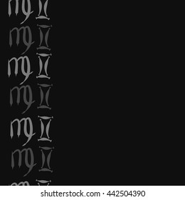 Vertical seamless  pattern of zodiac signs, doodles,  object, gemini,virgo, copy space. Hand drawn.