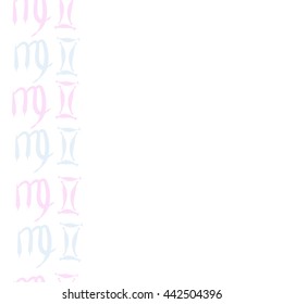 Vertical seamless  pattern of zodiac signs, doodles,  object, gemini,virgo, copy space. Hand drawn.