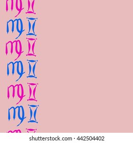 Vertical seamless  pattern of zodiac signs, doodles,  object, gemini,virgo, copy space. Hand drawn.