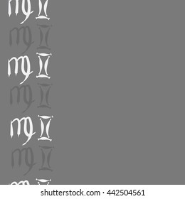 Vertical seamless  pattern of zodiac signs, doodles,  object, gemini,virgo, copy space. Hand drawn.