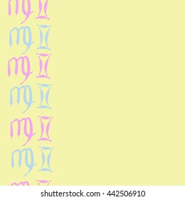 Vertical seamless  pattern of zodiac signs, doodles,  object, gemini,virgo, copy space. Hand drawn.