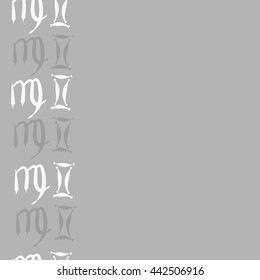 Vertical seamless  pattern of zodiac signs, doodles,  object, gemini,virgo, copy space. Hand drawn.