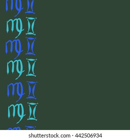 Vertical seamless  pattern of zodiac signs, doodles,  object, gemini,virgo, copy space. Hand drawn.