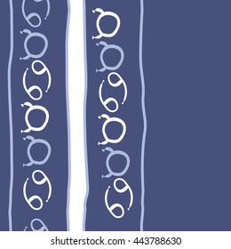 Vertical seamless pattern of zodiac signs, doodles,  object, taurus, cancer, stripes, spot, copy space. Hand drawn.