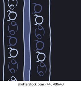 Vertical seamless pattern of zodiac signs, doodles,  object, taurus, cancer, stripes, spot, copy space. Hand drawn.