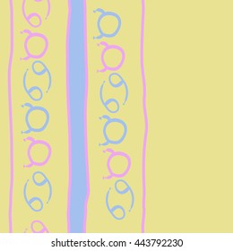 Vertical seamless pattern of zodiac signs, doodles,  object, taurus, cancer, stripes, spot, copy space. Hand drawn.