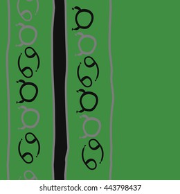 Vertical seamless pattern of zodiac signs, doodles,  object, taurus, cancer, stripes, spot, copy space. Hand drawn.