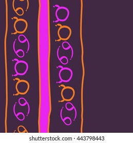 Vertical seamless pattern of zodiac signs, doodles,  object, taurus, cancer, stripes, spot, copy space. Hand drawn.