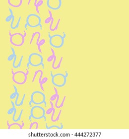 Vertical seamless pattern of zodiac signs, doodles,  object, taurus,capricorn, copy space. Hand drawn.