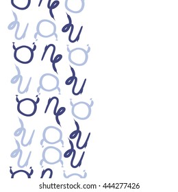 Vertical seamless pattern of zodiac signs, doodles,  object, taurus,capricorn, copy space. Hand drawn.