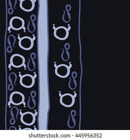 Vertical seamless pattern of zodiac signs, doodles,  object, taurus,lions, stripes, spot, copy space. Hand drawn.