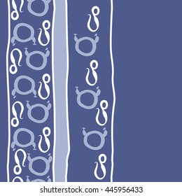 Vertical seamless pattern of zodiac signs, doodles,  object, taurus,lions, stripes, spot, copy space. Hand drawn.