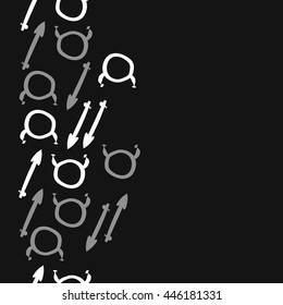 Vertical seamless pattern of zodiac signs, doodles,  object, taurus,sagittarius,  copy space. Hand drawn.