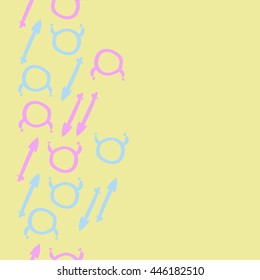Vertical seamless pattern of zodiac signs, doodles,  object, taurus,sagittarius,  copy space. Hand drawn.