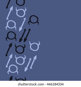 Vertical seamless pattern of zodiac signs, doodles,  object, taurus,sagittarius,  copy space. Hand drawn.